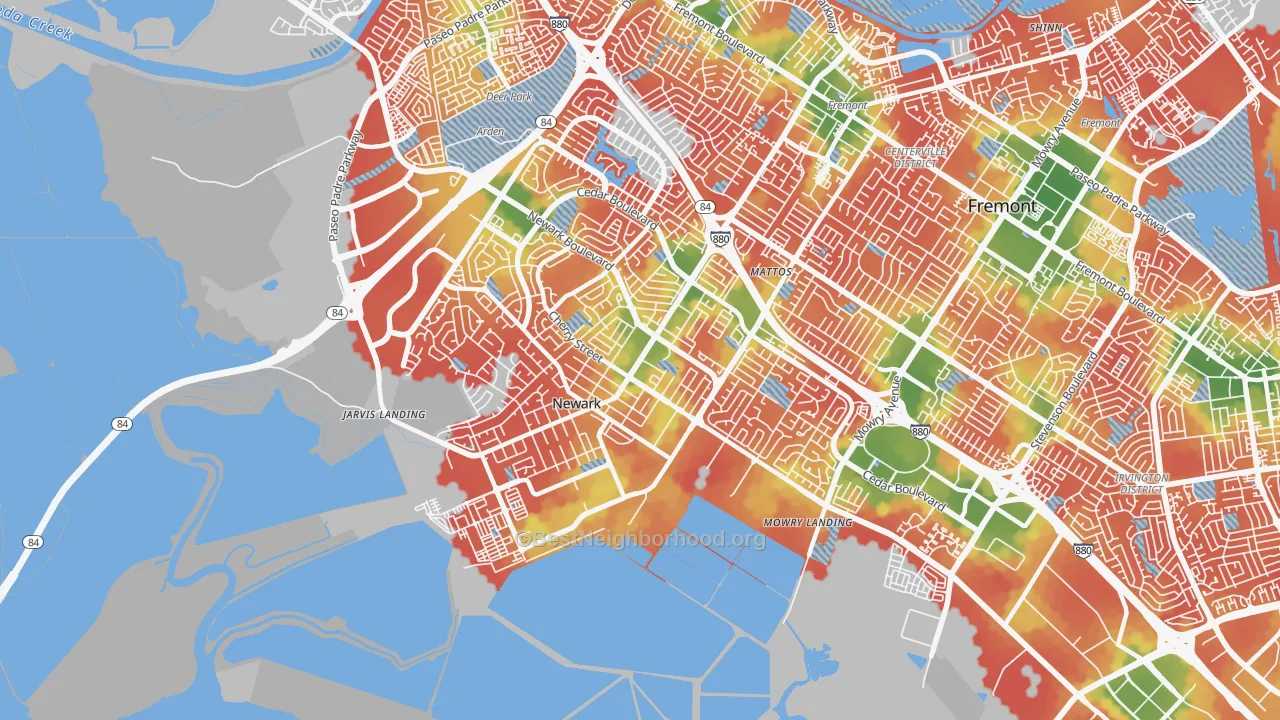Walk Grade map of Newark, CA, walkable areas in green and car-dependent areas in red