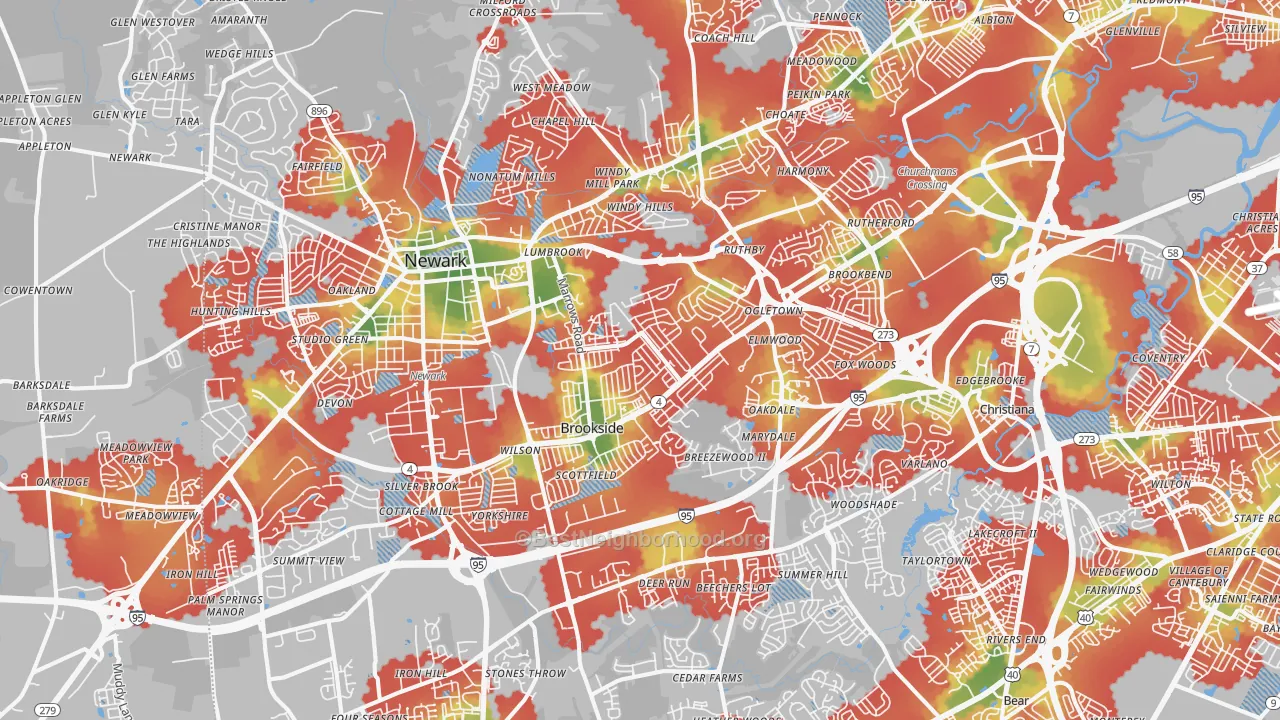 Walk Grade map of Newark, DE, walkable areas in green and car-dependent areas in red