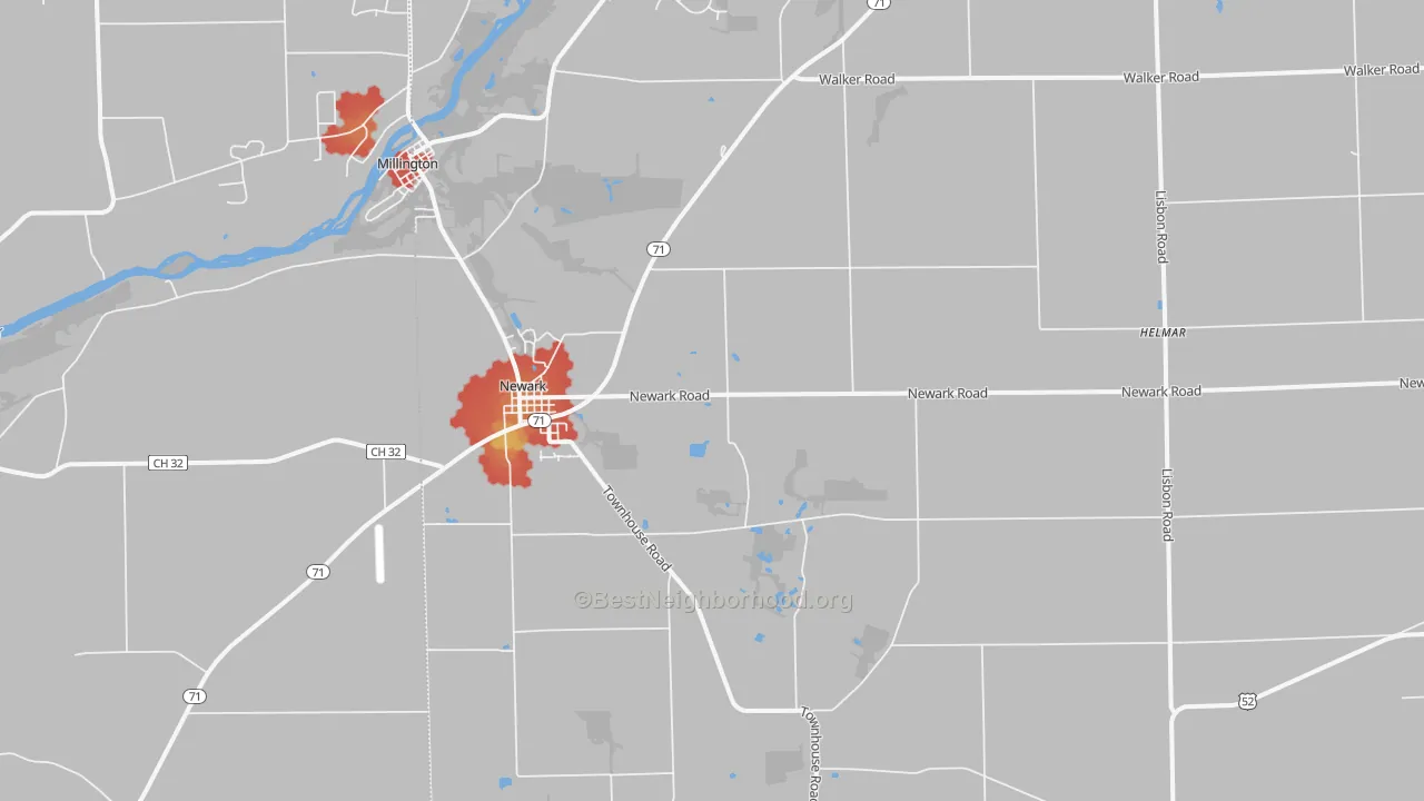 Walk Grade map of Newark, IL, walkable areas in green and car-dependent areas in red