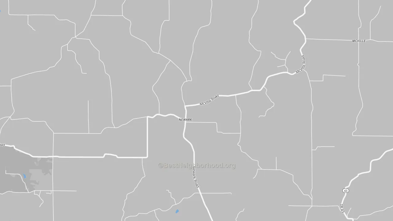 Walk Grade map of Newark, IN, walkable areas in green and car-dependent areas in red
