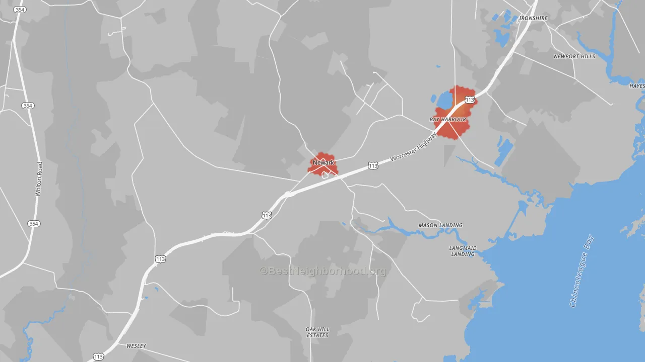 Walk Grade map of Newark, MD, walkable areas in green and car-dependent areas in red