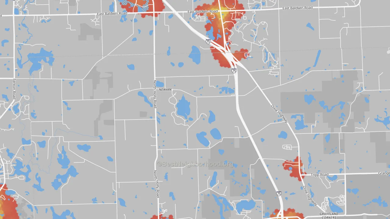 Walk Grade map of Newark, MI, walkable areas in green and car-dependent areas in red