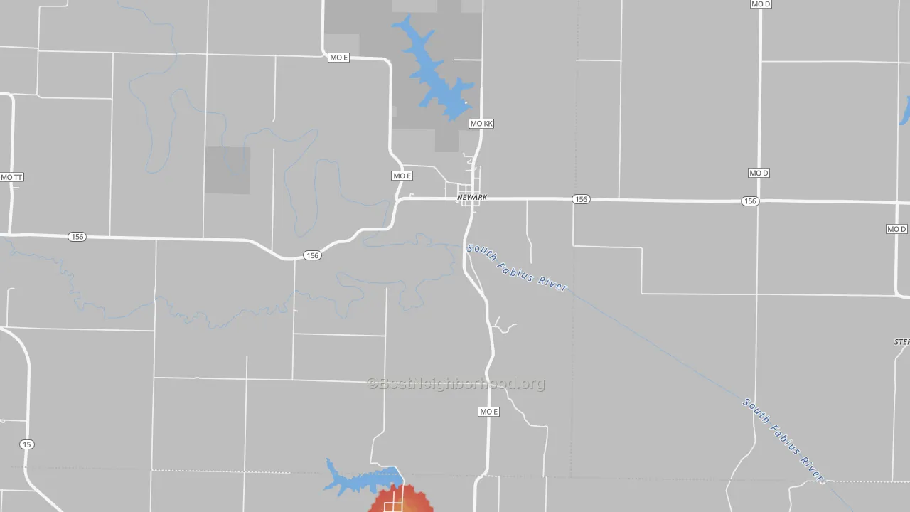 Walk Grade map of Newark, MO, walkable areas in green and car-dependent areas in red