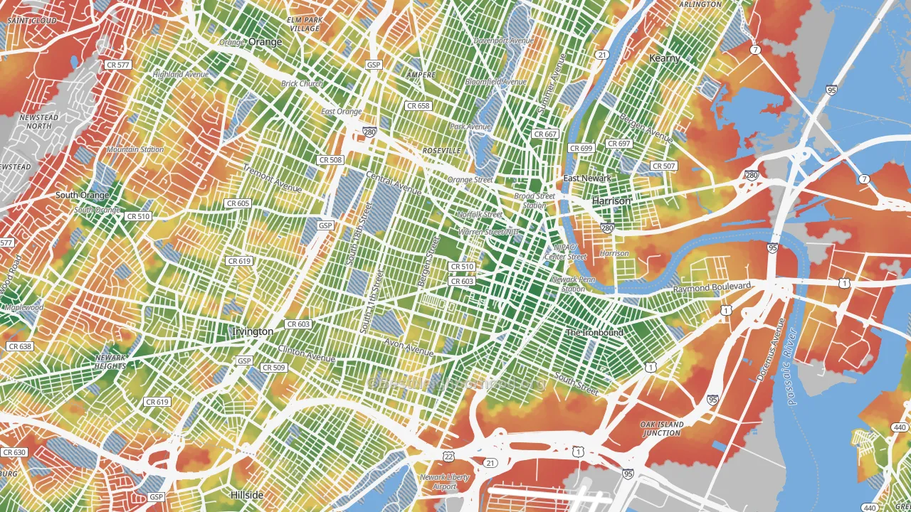 Walk Grade map of Newark, NJ, walkable areas in green and car-dependent areas in red