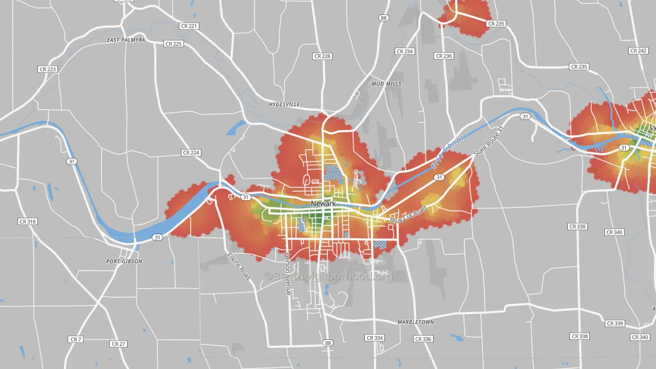 Walk Grade map of Newark, NY, walkable areas in green and car-dependent areas in red