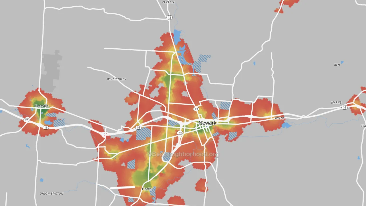 Walk Grade map of Newark, OH, walkable areas in green and car-dependent areas in red