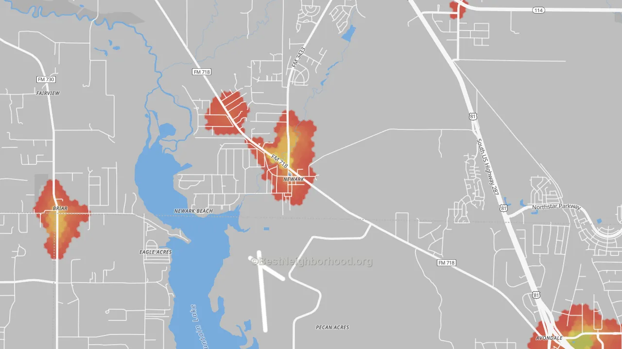 Walk Grade map of Newark, TX, walkable areas in green and car-dependent areas in red