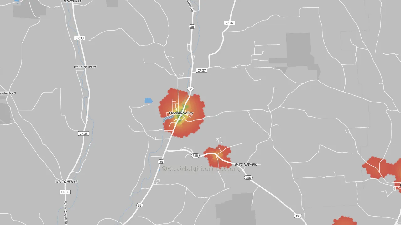 Walk Grade map of Newark Valley, NY, walkable areas in green and car-dependent areas in red