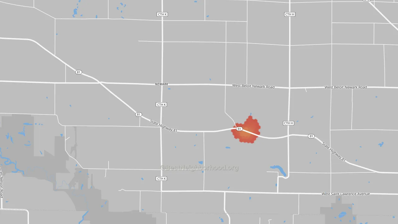 Walk Grade map of Newark, WI, walkable areas in green and car-dependent areas in red