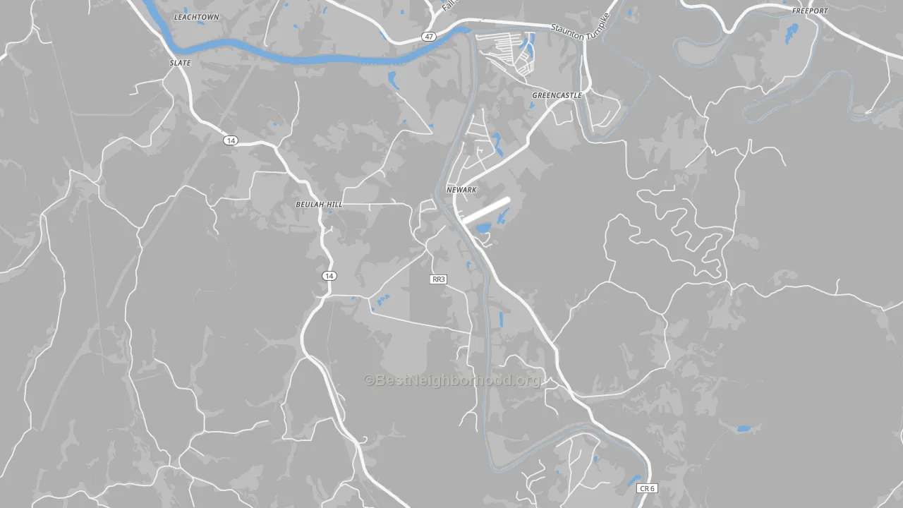 Walk Grade map of Newark, WV, walkable areas in green and car-dependent areas in red