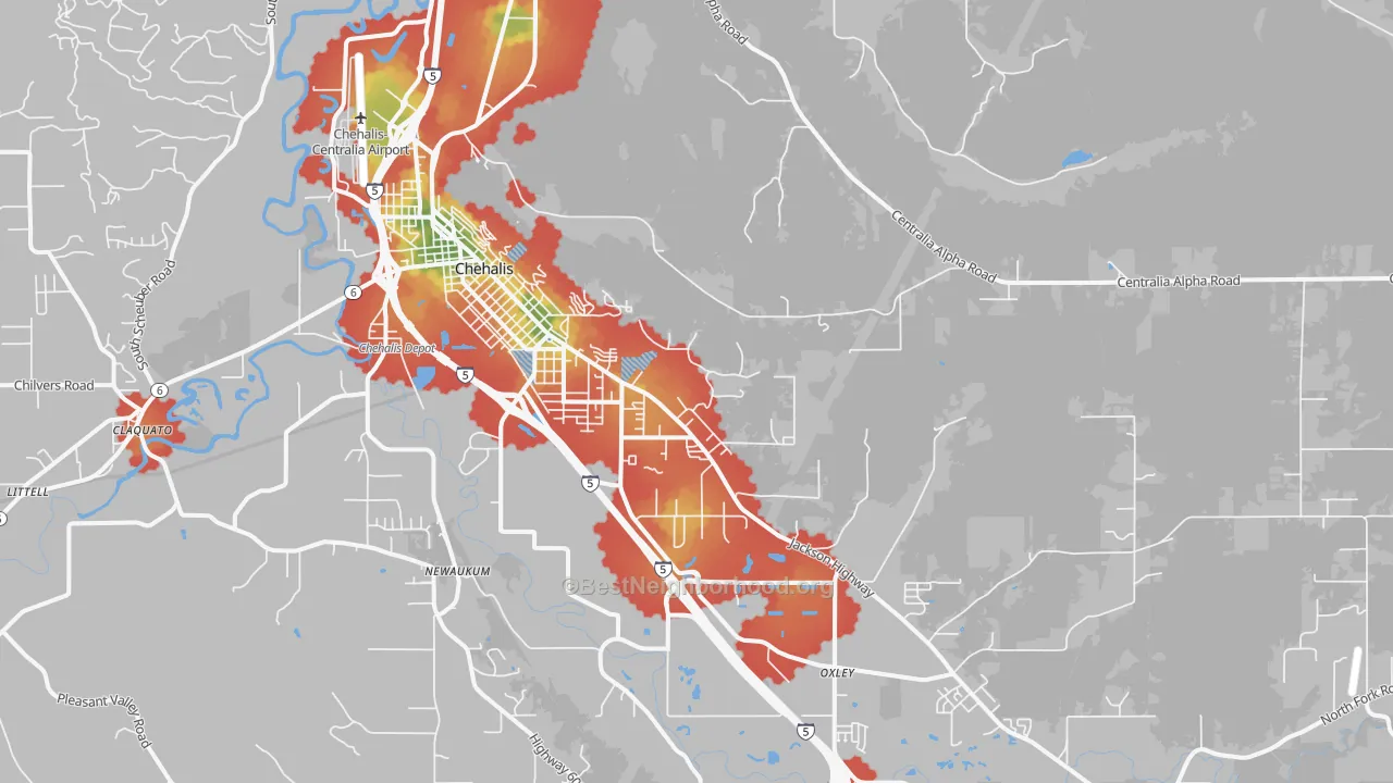 Walk Grade map of Newaukum, WA, walkable areas in green and car-dependent areas in red