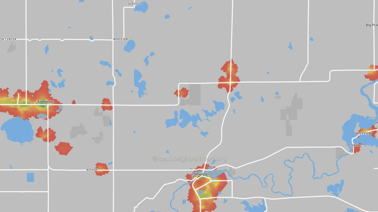 Walk Grade map of Newaygo County, MI, walkable areas in green and car-dependent areas in red