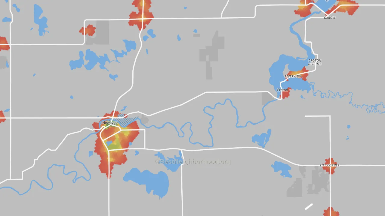 Walk Grade map of Newaygo, MI, walkable areas in green and car-dependent areas in red