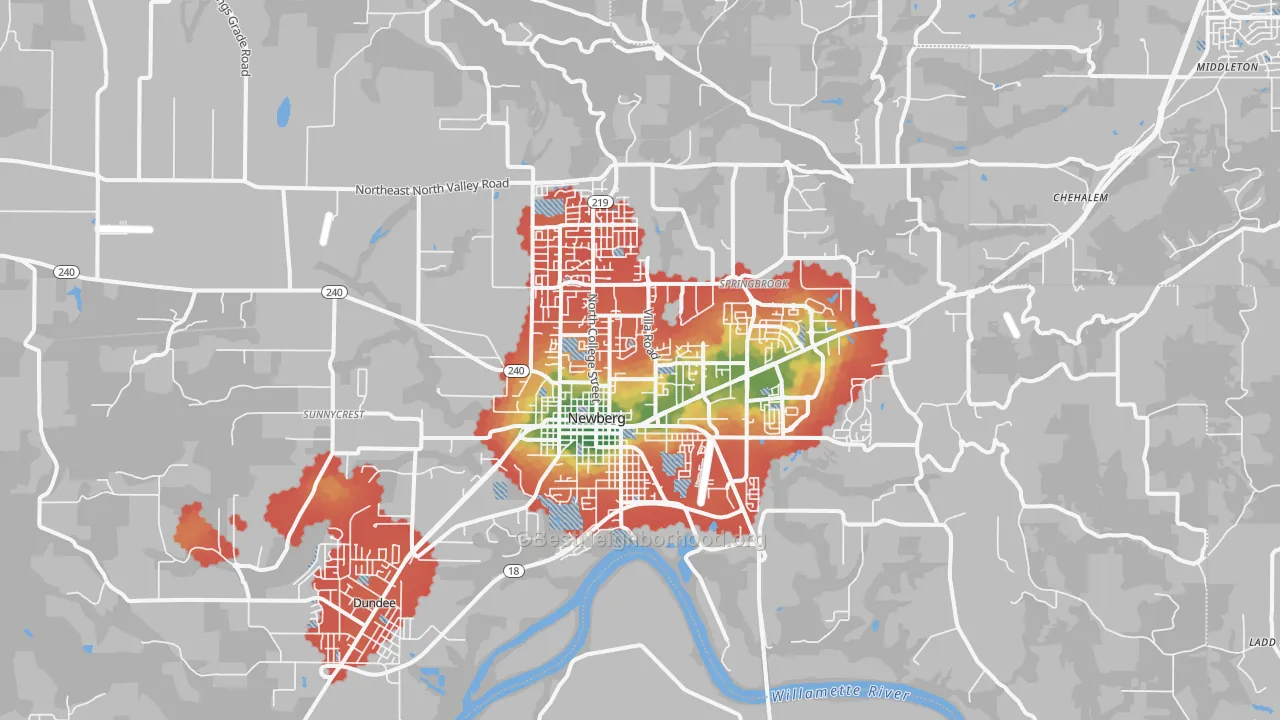 Walk Grade map of Newberg, OR, walkable areas in green and car-dependent areas in red