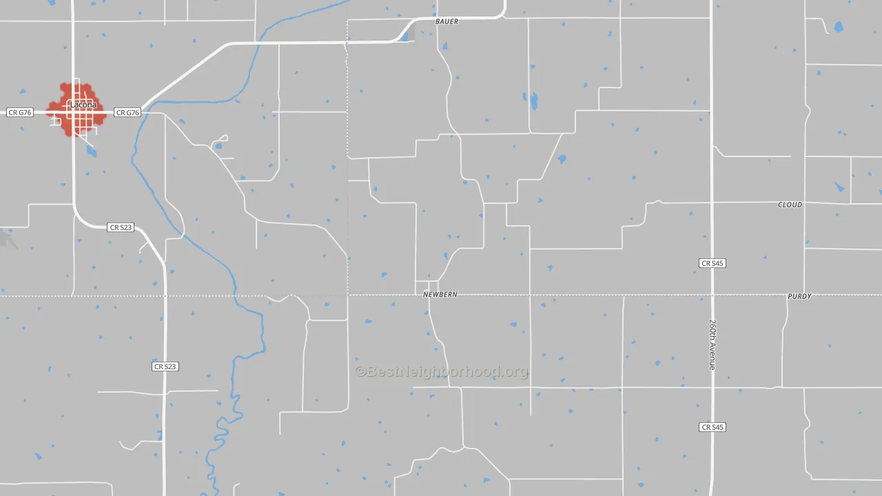 Walk Grade map of Newbern, IA, walkable areas in green and car-dependent areas in red
