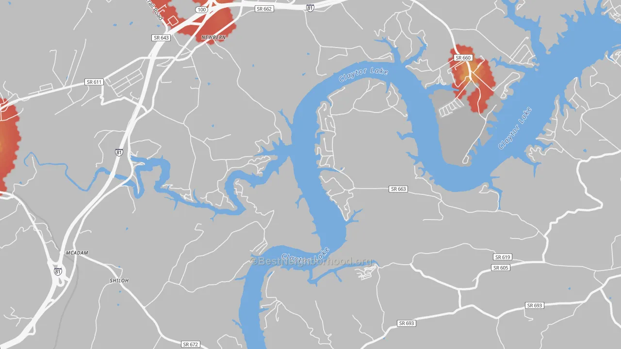 Walk Grade map of Newbern, VA, walkable areas in green and car-dependent areas in red