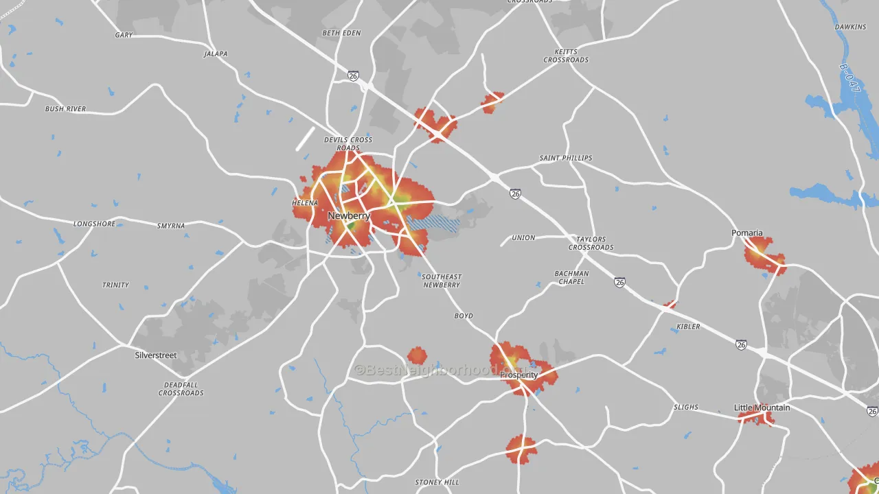 Walk Grade map of Newberry County, SC, walkable areas in green and car-dependent areas in red