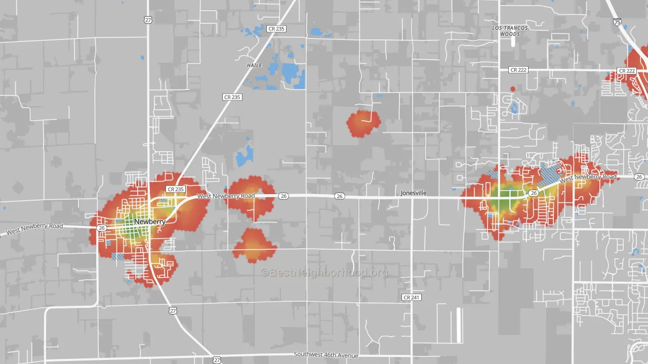 Walk Grade map of Newberry, FL, walkable areas in green and car-dependent areas in red