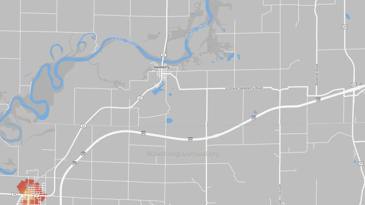 Walk Grade map of Newberry, IN, walkable areas in green and car-dependent areas in red