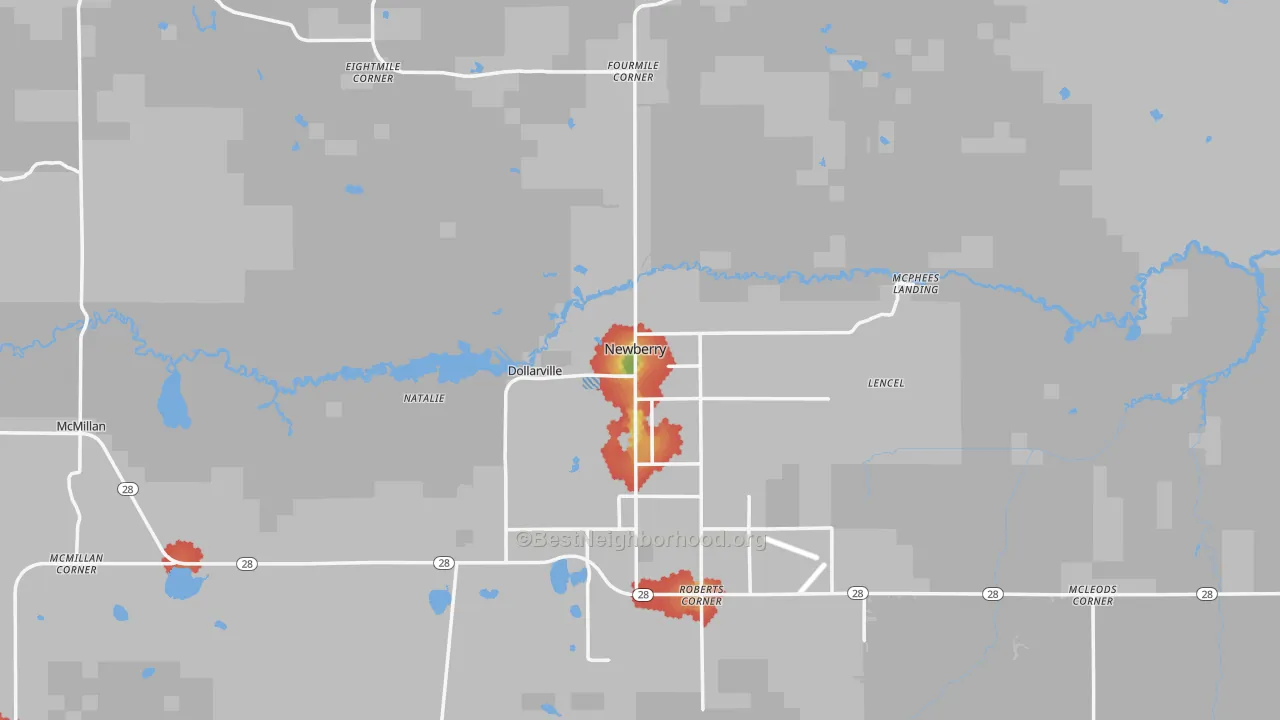 Walk Grade map of Newberry, MI, walkable areas in green and car-dependent areas in red