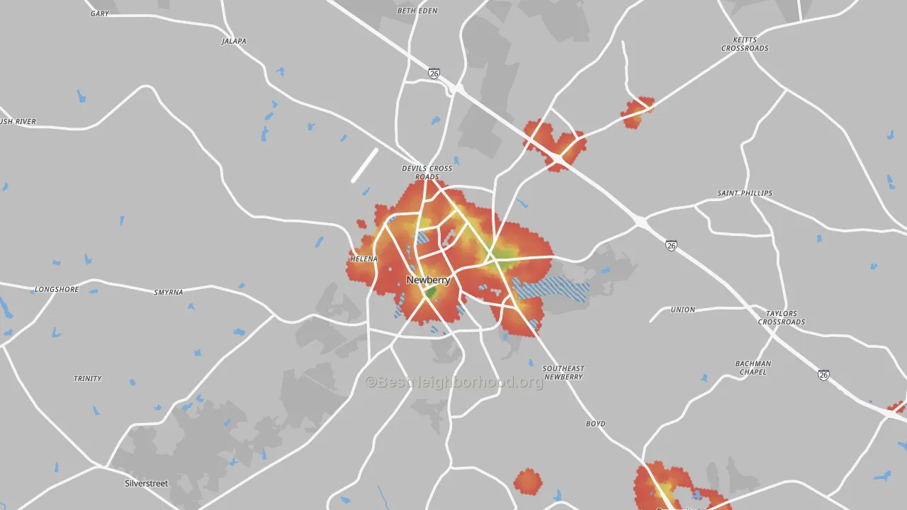 Walk Grade map of Newberry, SC, walkable areas in green and car-dependent areas in red