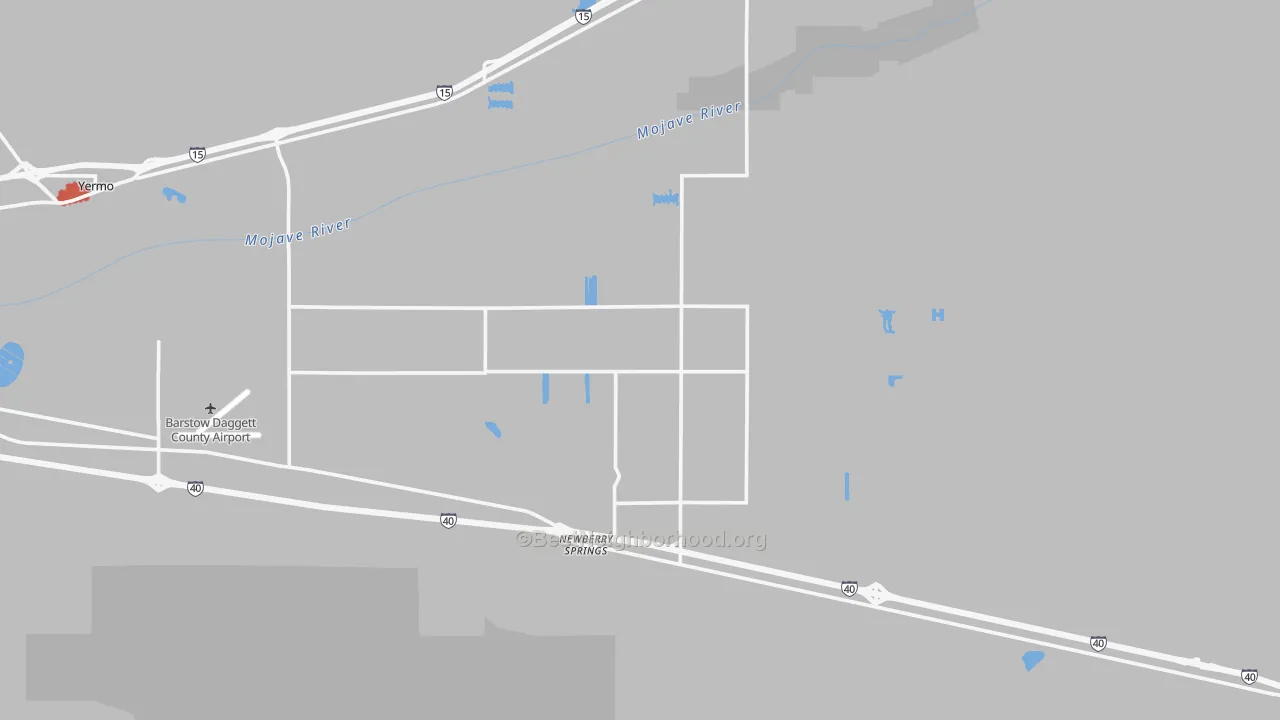 Walk Grade map of Newberry Springs, CA, walkable areas in green and car-dependent areas in red