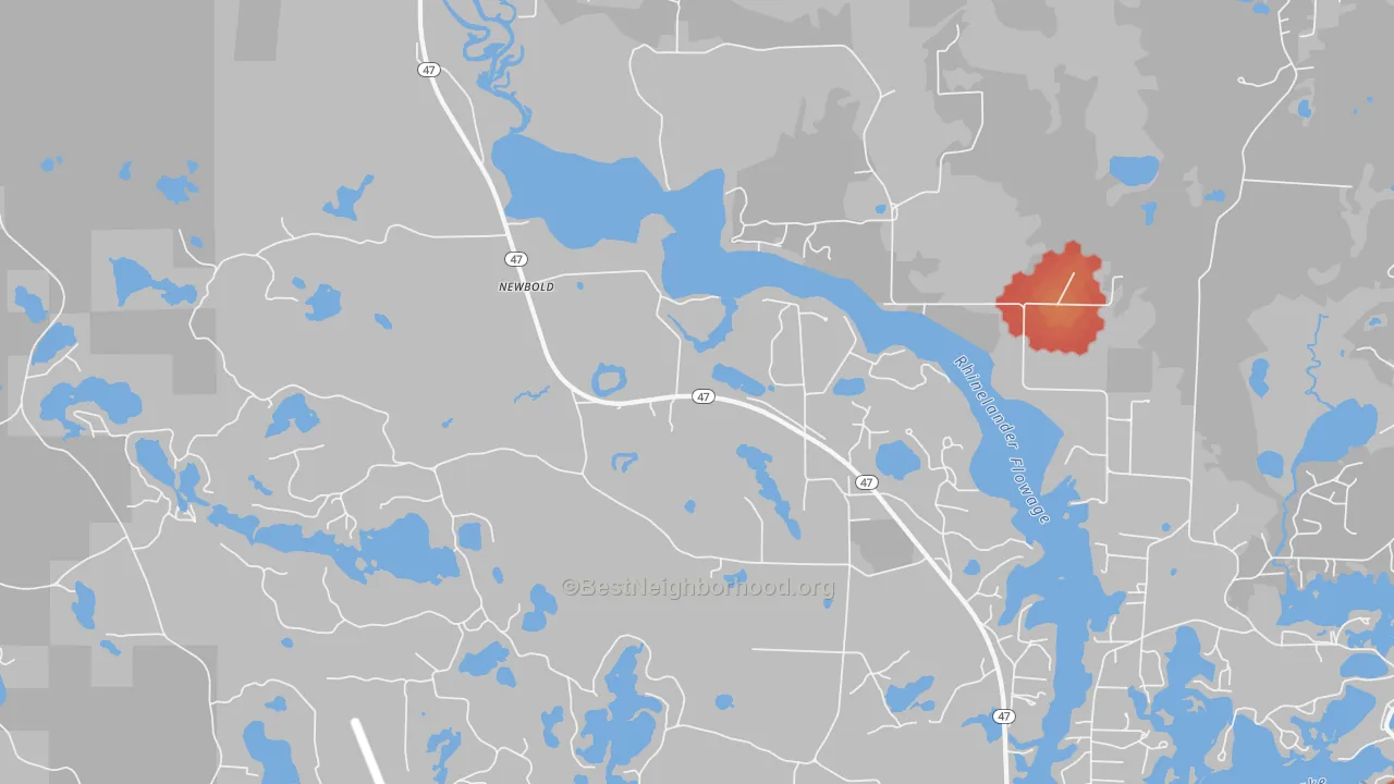 Walk Grade map of Newbold, WI, walkable areas in green and car-dependent areas in red