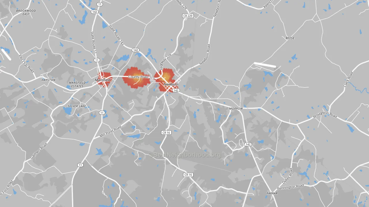 Walk Grade map of Newborn, GA, walkable areas in green and car-dependent areas in red