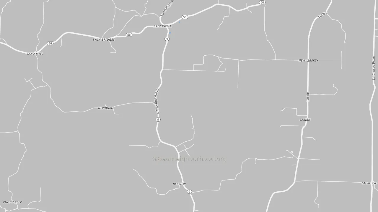 Walk Grade map of Newburg, AR, walkable areas in green and car-dependent areas in red