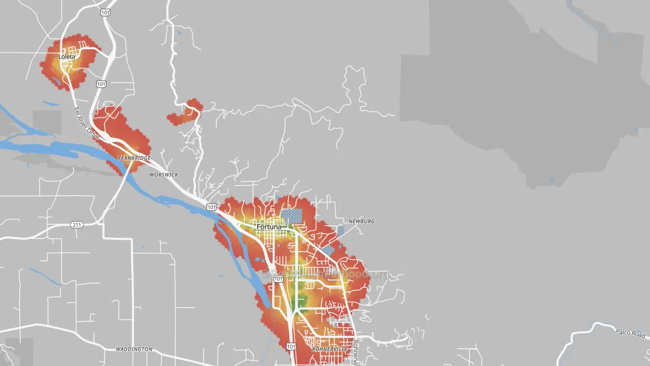 Walk Grade map of Newburg, CA, walkable areas in green and car-dependent areas in red