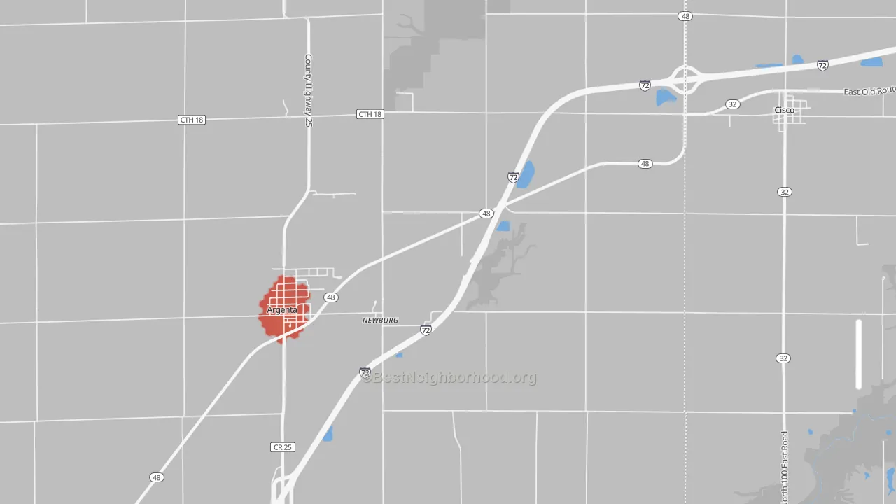 Walk Grade map of Newburg, IL, walkable areas in green and car-dependent areas in red