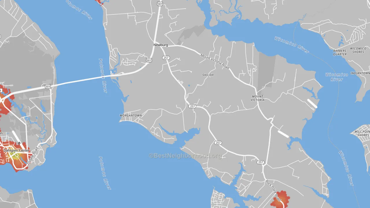 Walk Grade map of Newburg, MD, walkable areas in green and car-dependent areas in red
