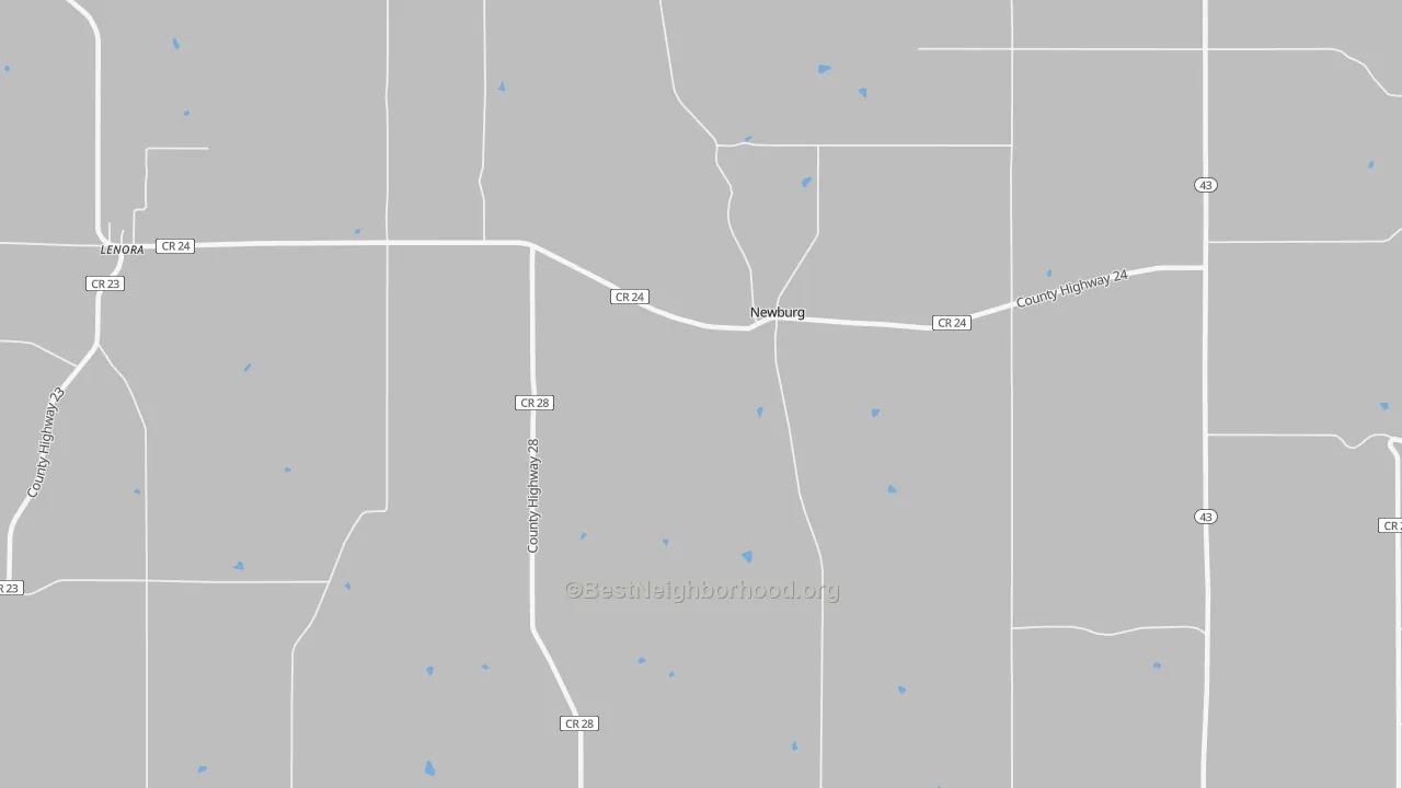 Walk Grade map of Newburg, MN, walkable areas in green and car-dependent areas in red