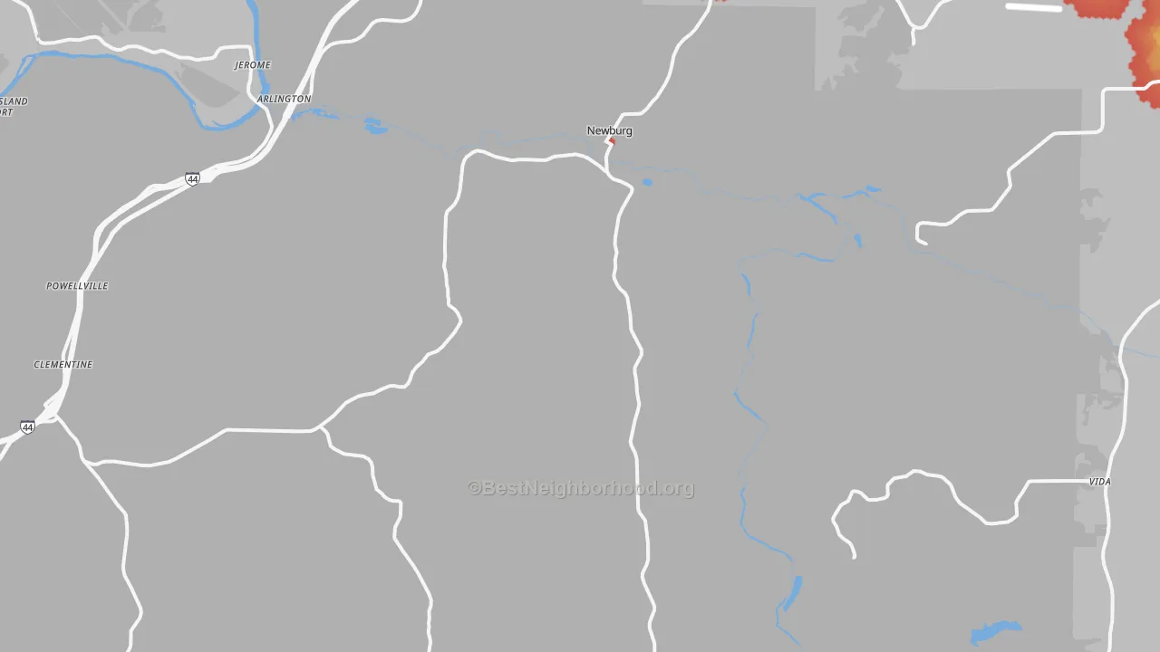 Walk Grade map of Newburg, MO, walkable areas in green and car-dependent areas in red