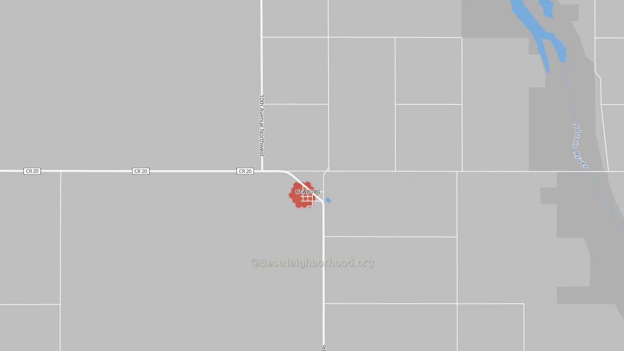 Walk Grade map of Newburg, ND, walkable areas in green and car-dependent areas in red