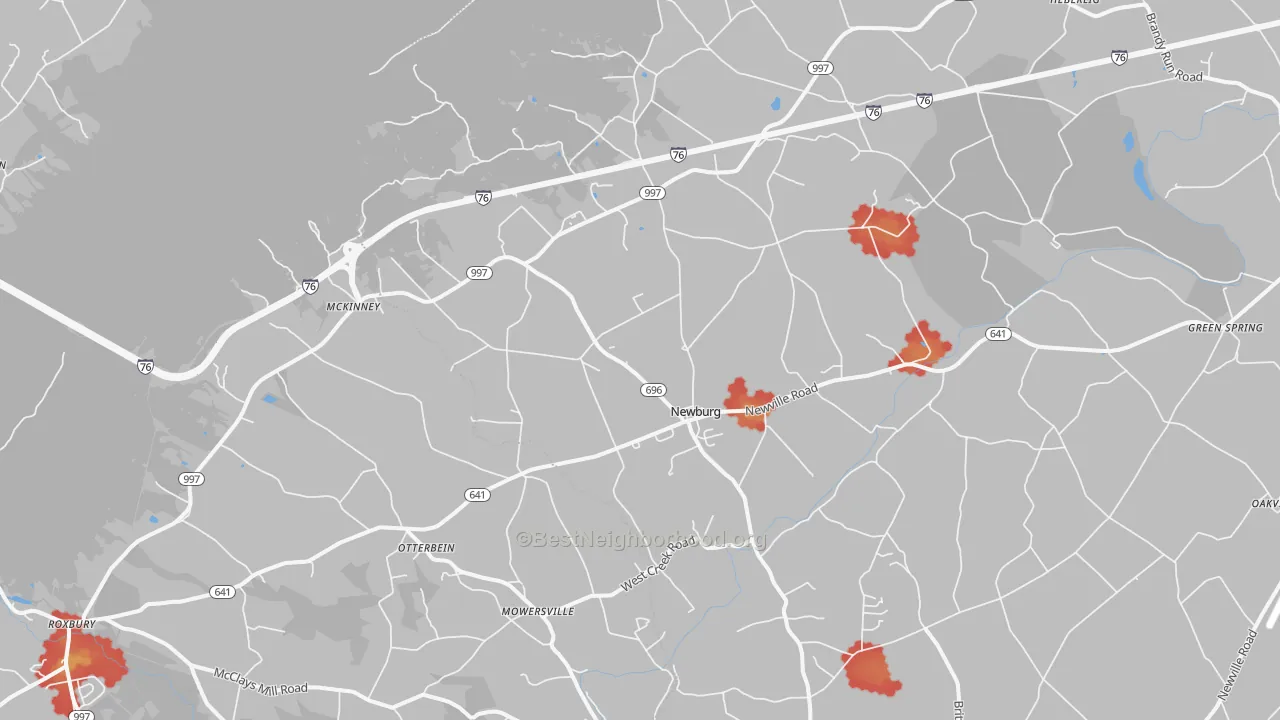 Walk Grade map of Newburg, PA, walkable areas in green and car-dependent areas in red