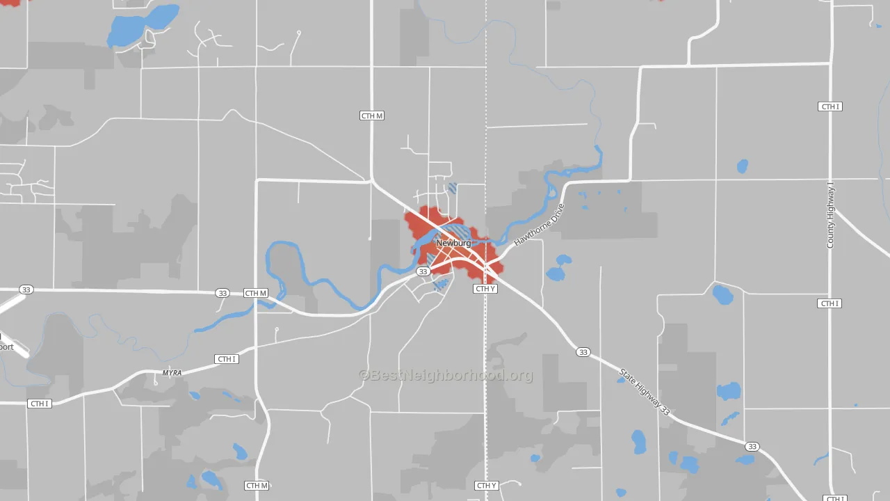 Walk Grade map of Newburg, WI, walkable areas in green and car-dependent areas in red