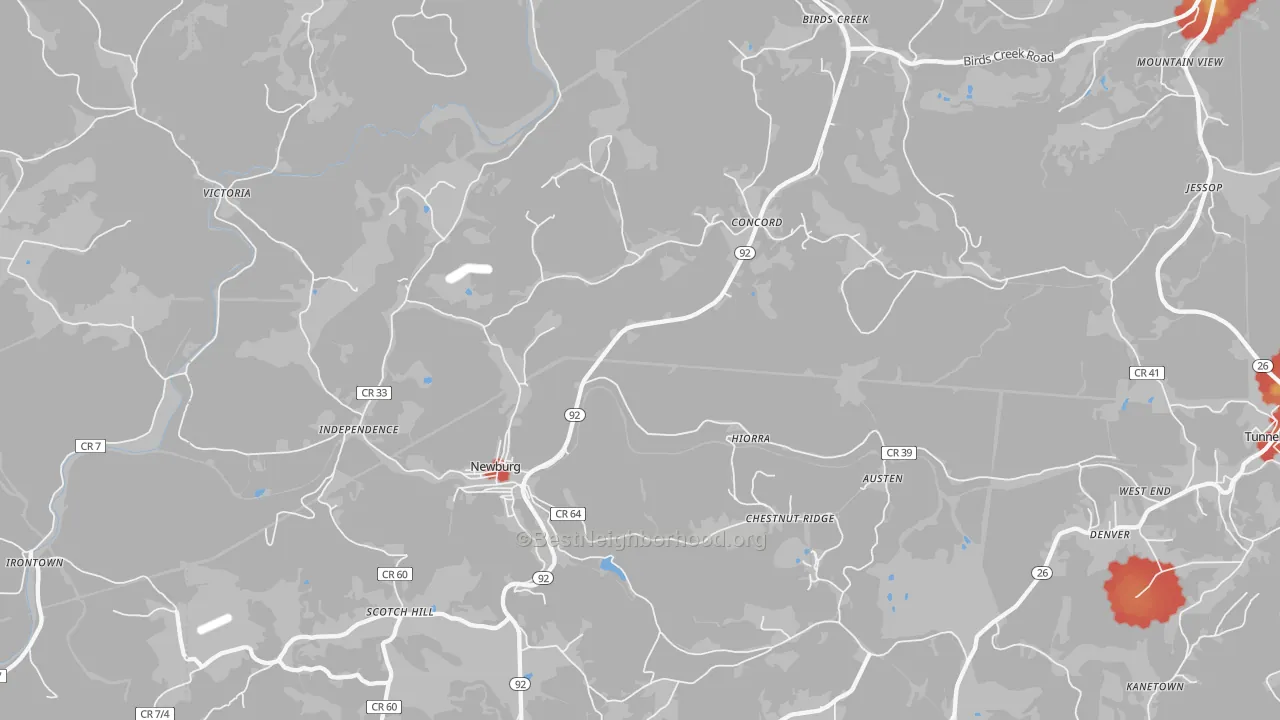 Walk Grade map of Newburg, WV, walkable areas in green and car-dependent areas in red