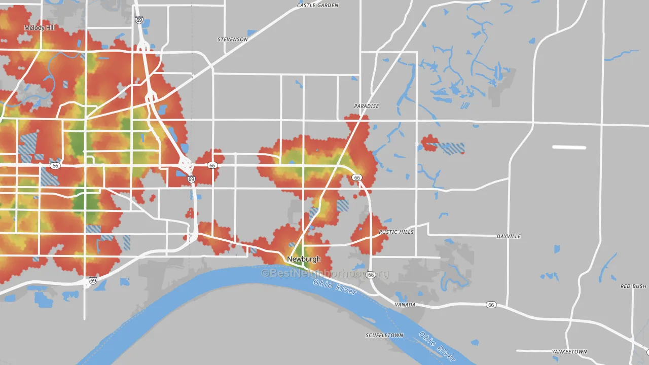 Walk Grade map of Newburgh, IN, walkable areas in green and car-dependent areas in red