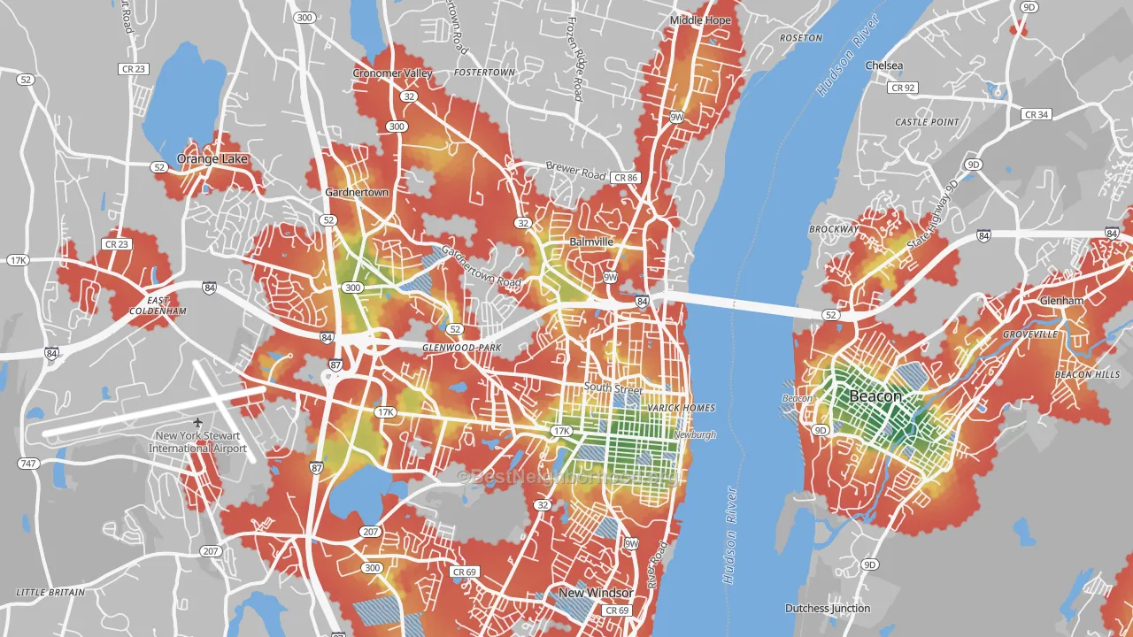 Walk Grade map of Newburgh, NY, walkable areas in green and car-dependent areas in red