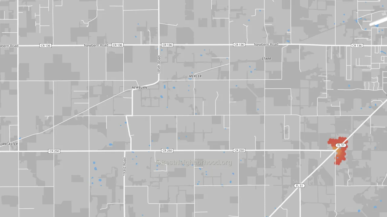 Walk Grade map of Newburn, FL, walkable areas in green and car-dependent areas in red