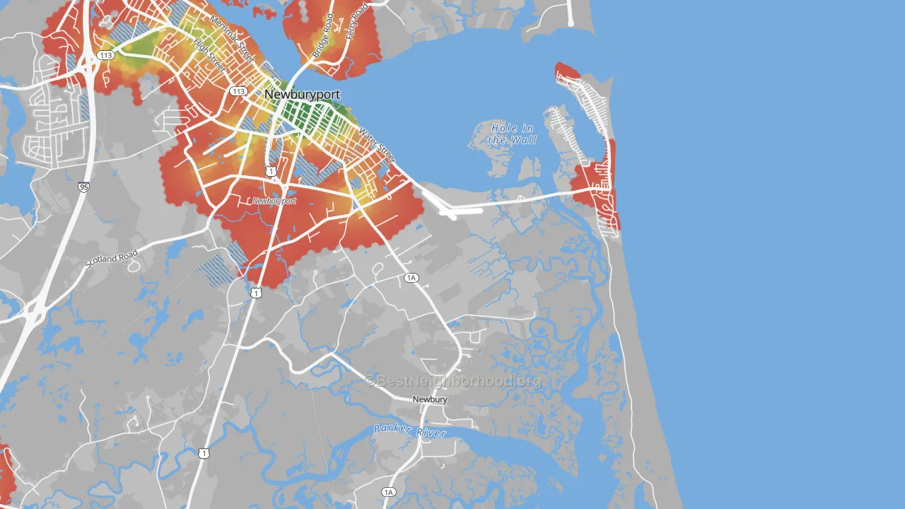 Walk Grade map of Newbury, MA, walkable areas in green and car-dependent areas in red