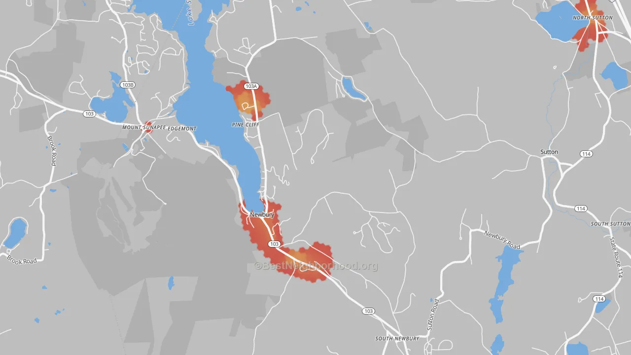 Walk Grade map of Newbury, NH, walkable areas in green and car-dependent areas in red