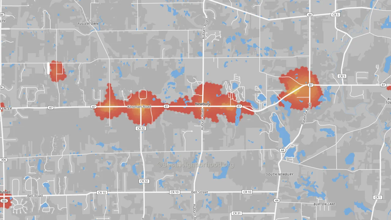 Walk Grade map of Newbury, OH, walkable areas in green and car-dependent areas in red