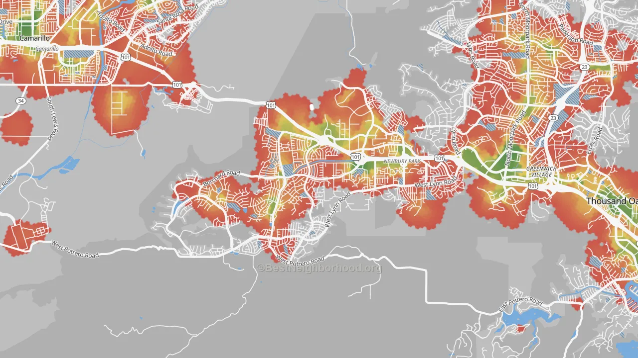 Walk Grade map of Newbury Park, CA, walkable areas in green and car-dependent areas in red