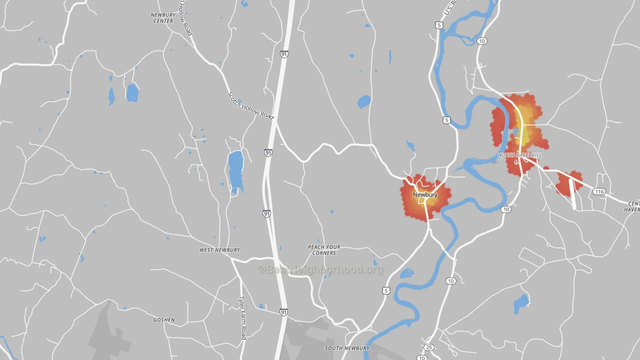Walk Grade map of Newbury, VT, walkable areas in green and car-dependent areas in red