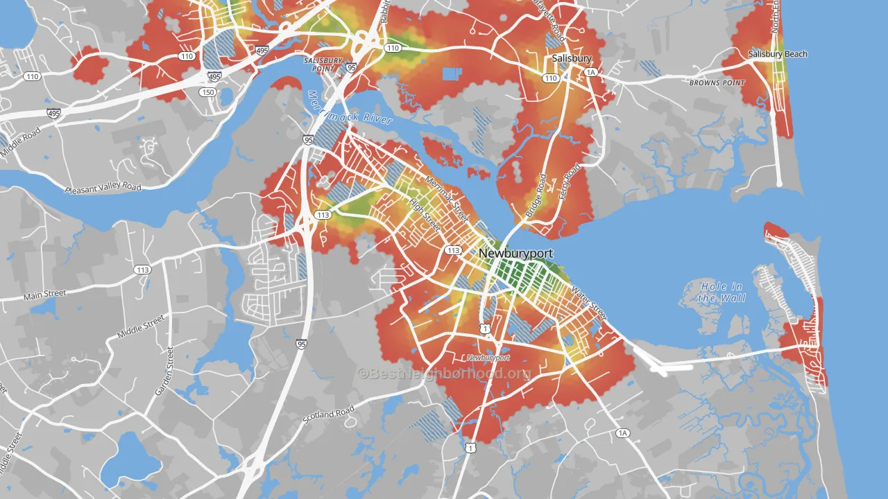 Walk Grade map of Newburyport, MA, walkable areas in green and car-dependent areas in red