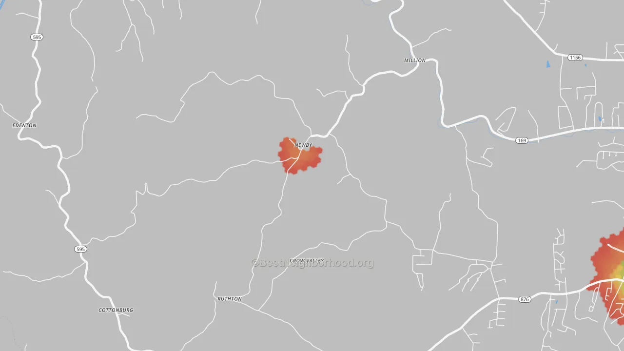 Walk Grade map of Newby, KY, walkable areas in green and car-dependent areas in red