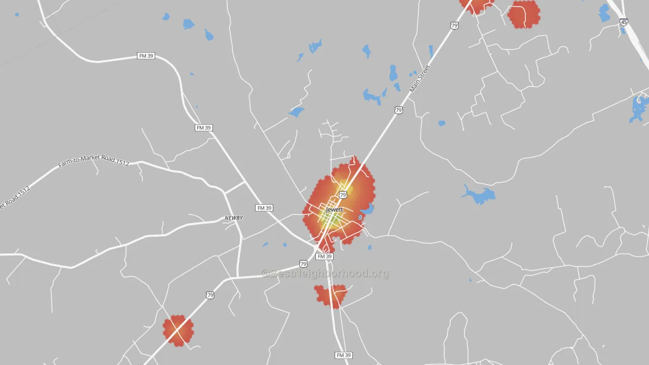 Walk Grade map of Newby, TX, walkable areas in green and car-dependent areas in red