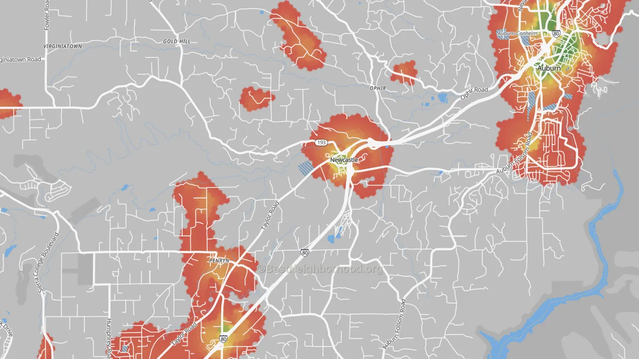 Walk Grade map of Newcastle, CA, walkable areas in green and car-dependent areas in red